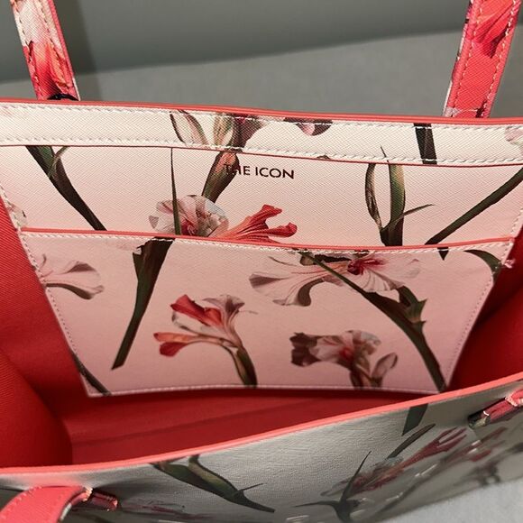 TED BAKER Coral Ivory Green Floral Faux Leather The Icon Tote - Picture 10 of 12
